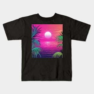 Neon Shoreline Serenity: Vibrant Sunset by the Beach Kids T-Shirt